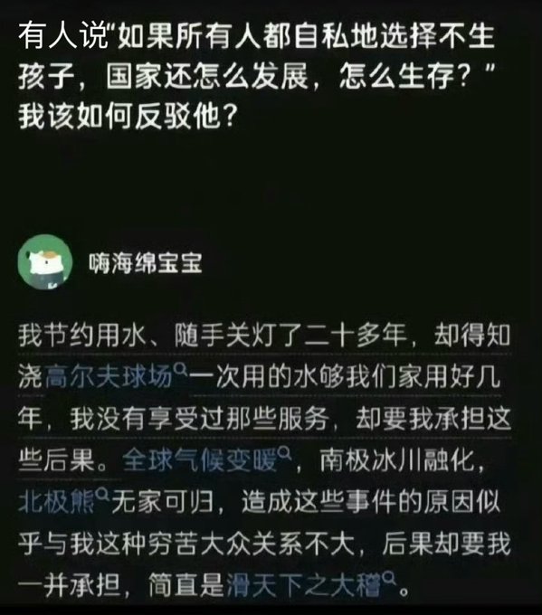 A Chinese text post asking how to rebut the argument 'if everyone selfishly chooses not to have children, how will the country develop?' with a reply from '嗨海绵宝宝' arguing that individual sacrifices don't matter since consequences like climate change are not their fault.