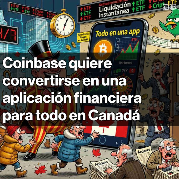 A cartoon-style illustration with the Spanish text "Coinbase quiere convertirse en una aplicación financiera para todo en Canadá" (Coinbase wants to become an all-in-one financial app in Canada), depicting chaotic scenes with a phone displaying Bitcoin, ETFs, and Canadian-themed imagery.