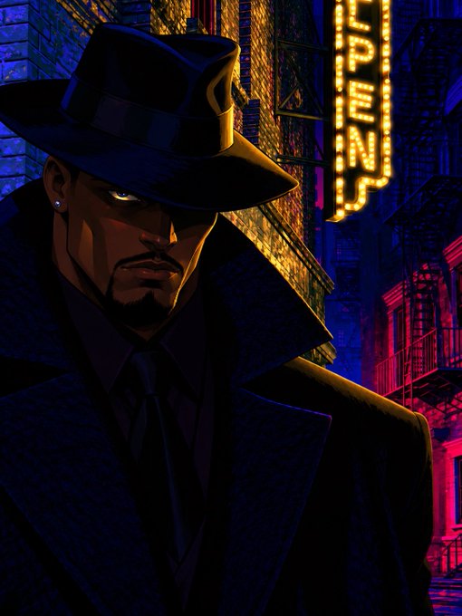 A stylized digital illustration of a man in a fedora and trench coat standing in a dark alley, with a vertical glowing yellow neon sign reading 'NIGHT' behind him.