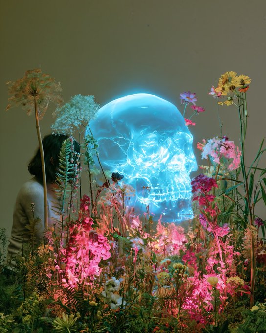 A surreal image of a glowing blue translucent skull surrounded by various colorful flowers and plants, with a shadowy figure visible in the background.