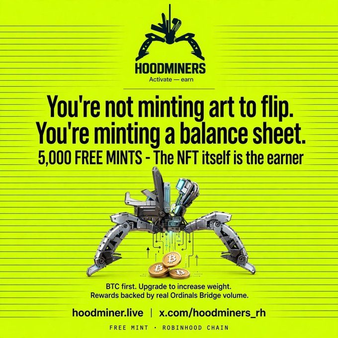 A bright green promotional poster for 'HOOMINERS' NFT project, with text 'You're not minting art to flip. You're minting a balance sheet' and advertising 5,000 FREE MINTS on Robinhood Chain.
