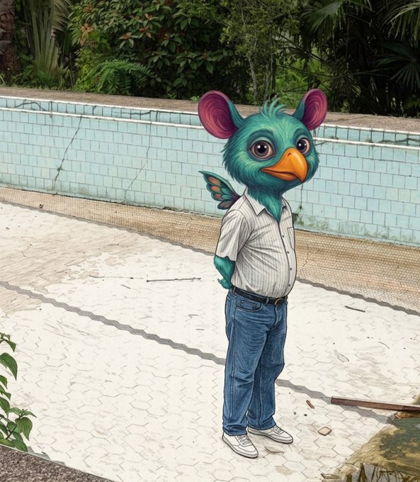 A composite image placing an AI-generated teal bird-like creature wearing a striped shirt and blue jeans onto an empty swimming pool deck.
