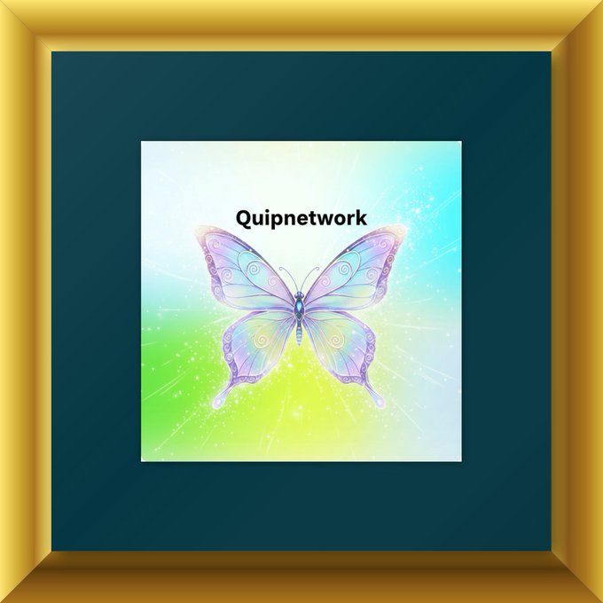A framed illustration of a colorful, iridescent butterfly with the text "Quipnetwork" displayed above it, set against a gradient green and blue background with sparkle effects.