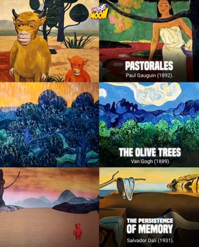 A collage showcasing four famous paintings: 'Pastorals' (Paul Gauguin, 1892), 'The Olive Trees' (Van Gogh, 1889), 'The Persistence of Memory' (Salvador Dalí, 1931), and a fourth blue-toned landscape, with their titles and artists labeled in white text.