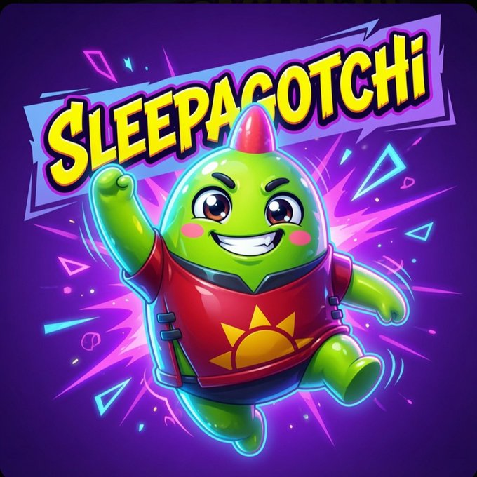 A vibrant cartoon-style logo featuring a green alien-like character with a red mohawk, wearing a red shirt with a sun design, with the text 'SLEEPAGOTCHI' displayed above on a purple background.