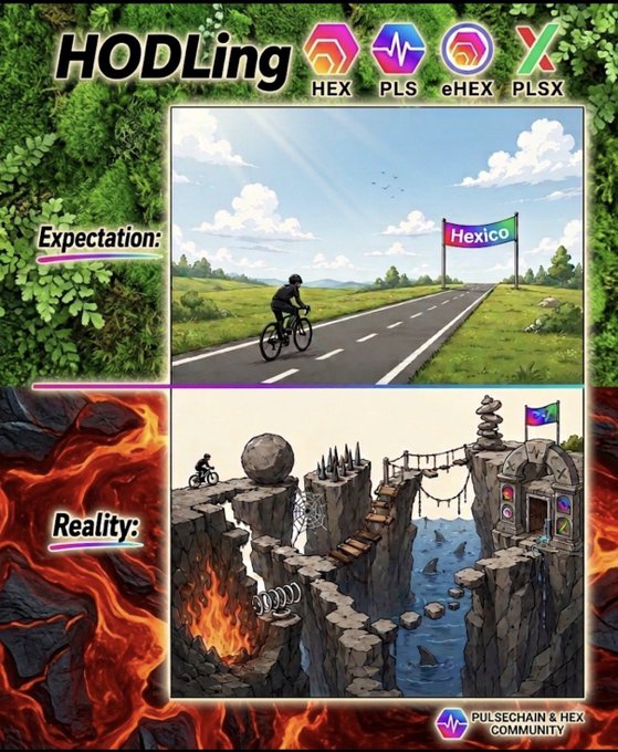 The graphic titled "HODLing" contrasts the "Expectation" of an easy, scenic bike ride toward a "Hexico" finish line with the "Reality" of a treacherous, obstacle-filled path through lava and chasms—visually illustrating the post's message about the unseen hardships endured by PulseChain (HEX, PLS, eHEX, PLSX) holders on their long journey.
