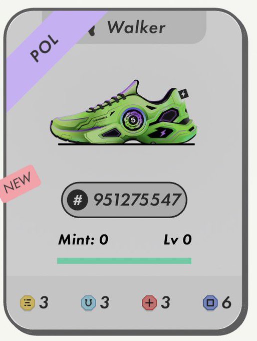 A digital card displaying a 'Walker' green athletic shoe with neon accents, marked 'POL' and 'NEW', showing the ID '# 951275547', Mint: 0, Lv 0, and various stats at the bottom.