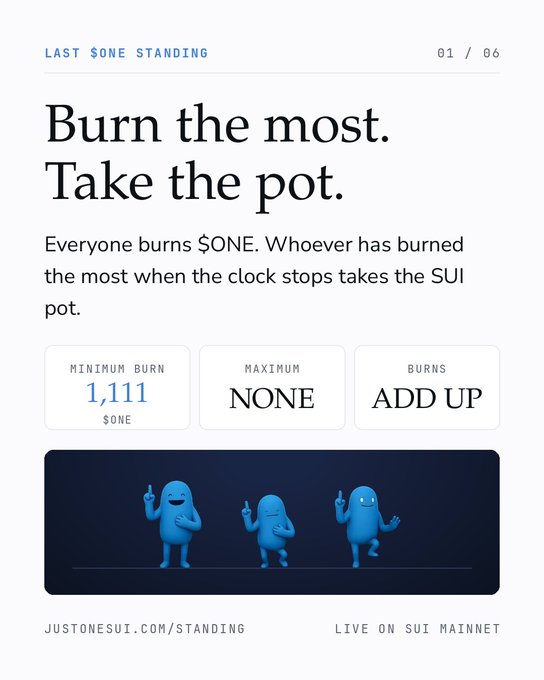 A promotional graphic titled 'LAST $ONE STANDING 01/06' with the headline 'Burn the most. Take the pot.' explaining that whoever burns the most $ONE wins the SUI pot, with minimum burn of 1,111 $ONE, live on SUI mainnet at JUSTONESUI.COM/STANDING.