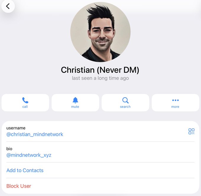 A Telegram profile page for 'Christian (Never DM)' showing 'last seen a long time ago', with username @christian_mindnetwork and bio @mindnetwork_xyz.