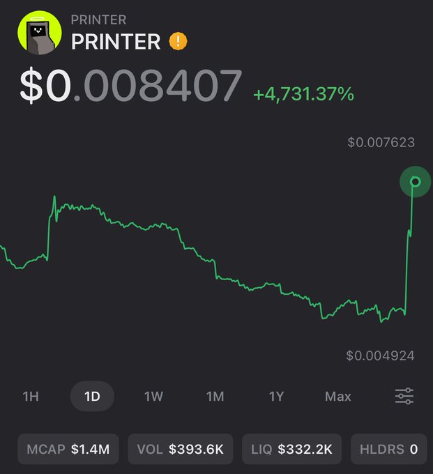 The image displays a price chart for the meme token "PRINTER," showing a 4,731.37% surge in a single day (1D) from a low of $0.004924 to $0.007623, humorously embodying the "money printer goes brrrrr" sentiment as the token's value rapidly spikes upward.