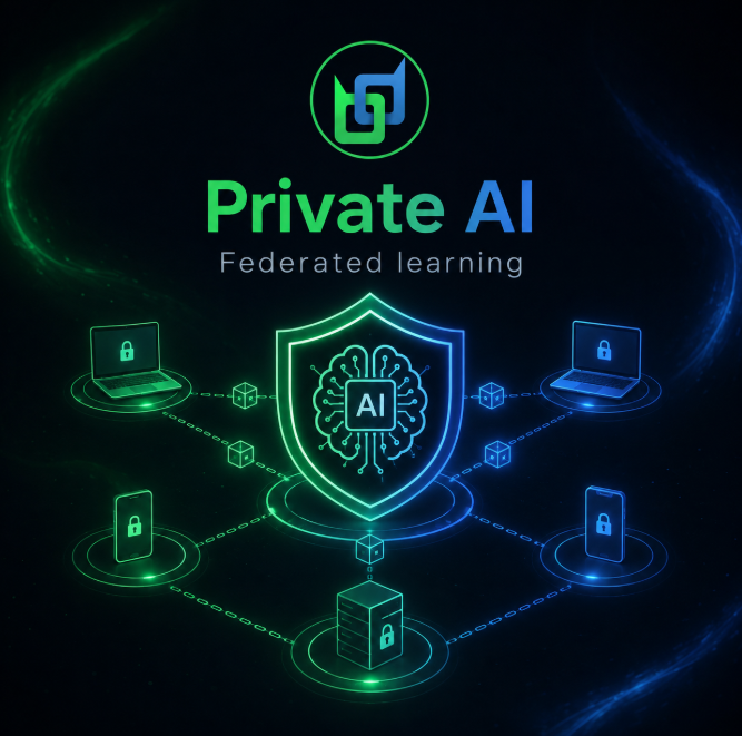 A graphic for 'Private AI' illustrating 'Federated learning,' showing a central shield with an AI brain icon connected by lines to various devices (laptops, phones, and servers) marked with lock symbols, all set against a dark, swirling green and blue background.