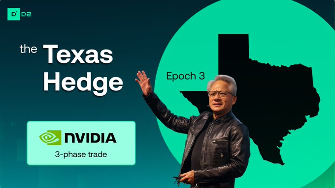 Promotional graphic for a D2 Twitter Spaces event titled "the Texas Hedge" (Epoch 3), featuring Jensen Huang waving in front of a green circle with the Texas state silhouette, alongside an NVIDIA logo and the heading "3-phase trade" — visually tying the Texas-based discussion to the multi-stage NVDA trade mentioned in the announcement.