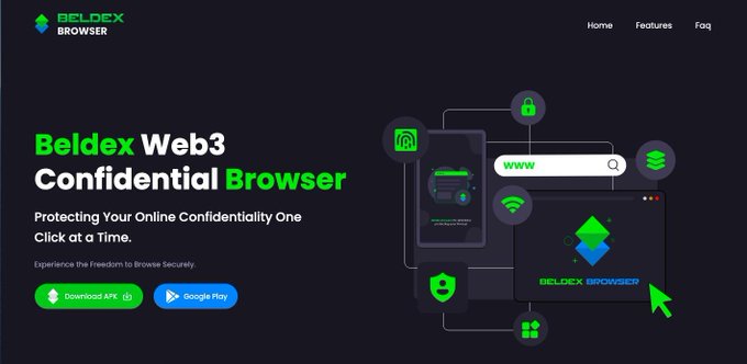 Promotional landing page for 'Beldex Web3 Confidential Browser' with the tagline 'Protecting Your Online Confidentiality One Click at a Time' and download buttons for Anx and Google Play.