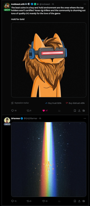 Two social media posts are shown: the top from 'hotbeast.eth' features an orange furry character with a VR headset labeled 'Hold for Gold', while the bottom from 'DeFarmer' shows a glowing figure ascending a rainbow into space.