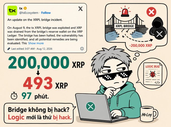 An infographic about an XRPL bridge incident, showing a tweet from @tEx ecosystem, a cartoon character with sunglasses, and text explaining '200,000 XRP -> 493 XRP in 97 minutes' with the caption 'Bridge không bị hack? Logic mới là thứ bị hack.'