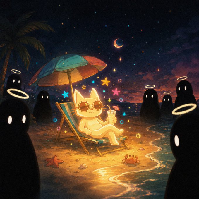 A white cat in sunglasses lounges on a beach chair under a colorful umbrella, sipping a tropical drink while shadowy figures with halos stand ominously in the background. The scene humorously captures the meme's mood, showing someone blissfully "chilling" with their $CETS holdings, oblivious to looming risks lurking at the water's edge.