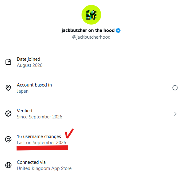 A Twitter/X profile page for "jackbutcher on the hood" (@jackbutcherhood) is shown, featuring a red checkmark highlighting the "16 username changes" section, with details including a join date of August 2026, account based in Japan, and verified status since September 2026.
