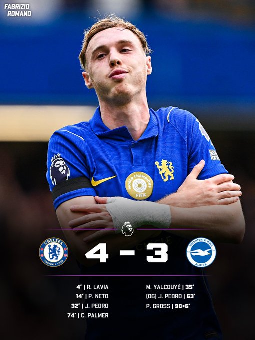 Chelsea player Cole Palmer poses with crossed arms in a blue kit, overlaid with graphics showing 'CHELSEA 4 - 3 BRIGHTON & HOVE ALBION', credited to 'FABRIZIO ROMANO', with goal scorers including Lavia, Neto, Pedro, Palmer, Yalcouye, and Gross.