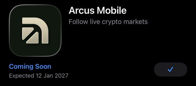 The image shows an app store listing for "Arcus Mobile" with the tagline "Follow live crypto markets," featuring a dark olive-green icon with a stylized "A" design and indicating it is "Coming Soon" with an expected release date of "12 Jan 2027."

The image relates to the post by @arcus_xyz (likely Arcus, a crypto project) by showcasing the upcoming mobile app preview, hinting to those familiar with the project ("IYKYK") that a new tool for tracking crypto markets is on the horizon.