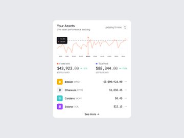A digital assets dashboard interface showing a portfolio of '$43,923.00' with holdings including Bitcoin (BTC), Ethereum (ETH), Cardano (COIN), and Solana, alongside a 'See More' button.