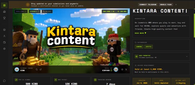 A MMO gaming platform page promoting 'Kintara content,' featuring pixel art characters and displaying payment token (KINS), max prize (15K KINS), trading window (7 days), and holder requirements (at least 5,000 KINS).