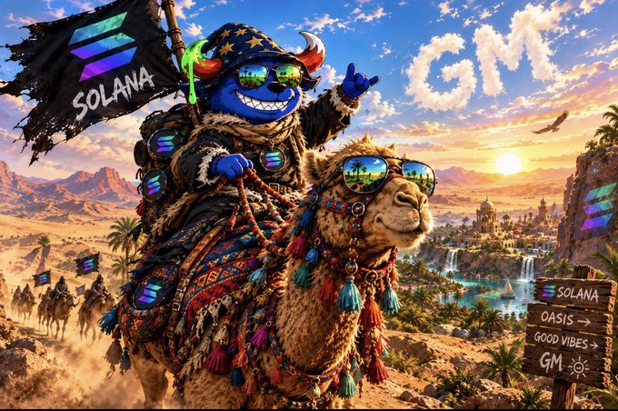 Cartoon blue character holding Solana flag riding a sunglass-wearing camel in a desert oasis with sign reading 'SOLANA OASIS GOOD VIBES GM'