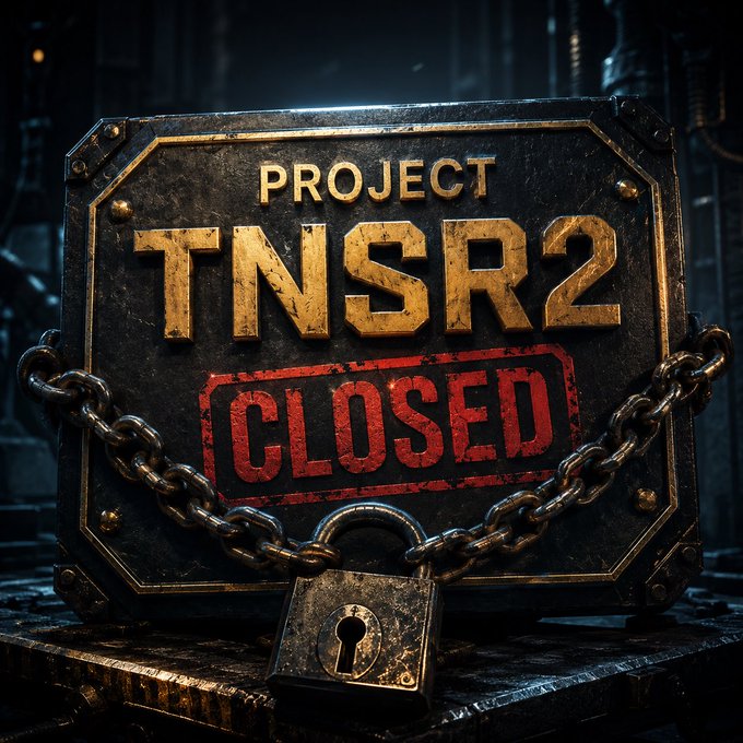 A dark, gritty 3D render of a metal sign reading "PROJECT TNSR2" with a red "CLOSED" stamp, secured by chains and a padlock.