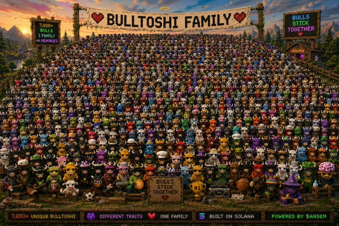 A massive group photo of 7,000+ unique BullToshi NFT characters gathered together under banners reading "BULLTOSHI FAMILY" and "BULLS STICK TOGETHER," with a footer noting it is built on Solana and powered by $ANSEM. The image visually embodies the contest's theme of unity, showcasing the diverse BullToshi collection assembled as one family herd.