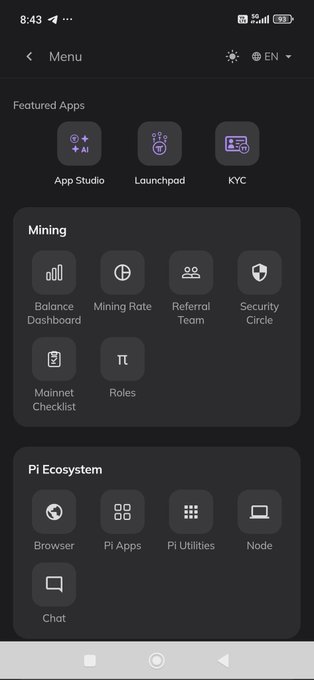 The image displays a Pi Network menu interface in dark mode, showing three sections—Featured Apps (App Studio, Launchpad, KYC), Mining (Balance Dashboard, Mining Rate, Referral Team, Security Circle, Mainnet Checklist, Roles), and Pi Ecosystem (Browser, Pi Apps, Pi Utilities, Node, Chat). This relates to the GCV news bulletin announcing that South Koreans can now purchase Pi via Onramp and highlights the newly revamped, more intuitive Pi interface designed to attract more users and merchants to the platform.