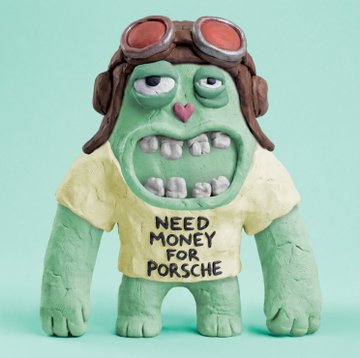 A green clay figurine wearing a pilot cap with goggles and a yellow shirt reading 'NEED MONEY FOR PORSCHE', set against a light teal background.