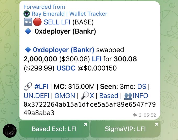 A forwarded Telegram message from "Ray Emerald | Wallet Tracker" announces a sell alert for LFI on BASE, showing that wallet "0xdeployer (Bankr)" swapped 2,000,000 LFI ($300.08) for 300.08 USDC at $0.000150. The post mocks @0xDeployer, suggesting frustration that only his wallet was flagged selling LFI while others appear in separate tracker channels like "Based Excl: LFI" and "SigmaVIP: LFI."