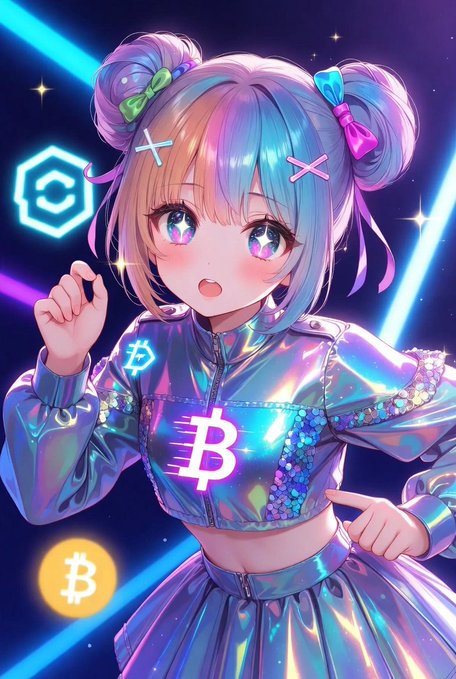 Anime-style girl with colorful twin buns wearing a holographic jacket featuring a Bitcoin (₿) symbol.