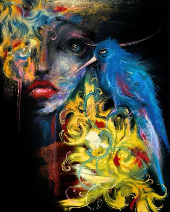 A vibrant, surreal painting of a pale face with red lips alongside a striking blue hummingbird, accented by swirling yellow and gold filigree patterns.
