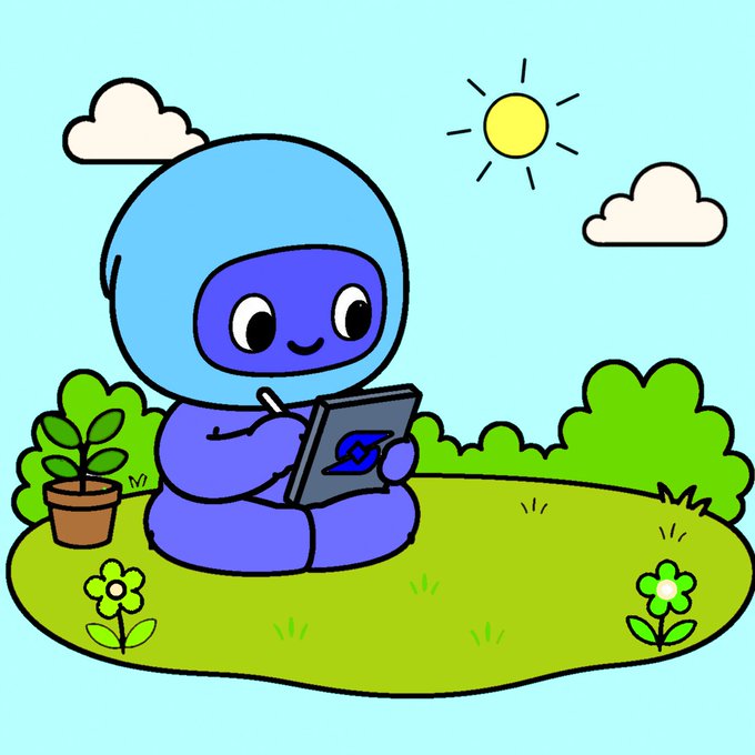 A cheerful cartoon illustration of a small blue and purple character wearing a space helmet, sitting on grass while drawing on a tablet, surrounded by plants, flowers, clouds, and a shining sun.