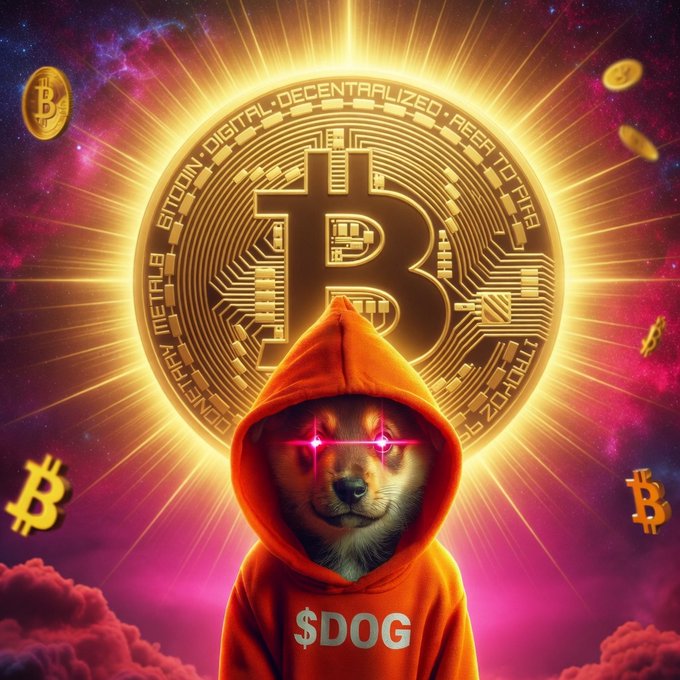 AI-generated artwork featuring a Shiba Inu dog wearing an orange hoodie labeled '$DOG' with glowing pink eyes, set against a glowing Bitcoin coin and cosmic background.