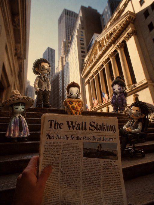 A digital artwork featuring stylized chibi characters on stairs with a newspaper titled 'The Wall Staking' held in the foreground, referencing Wall Street and Bitcoin.