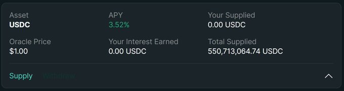 The image shows a USDC lending interface displaying a 3.52% APY, an oracle price of $1.00, $0.00 supplied by the user, $0.00 interest earned, and a Total Supplied amount of 550,713,064.74 USDC. This visually supports the post's claim of a new all-time high for USDC supply in Portfolio Margin, surpassing $550 million.