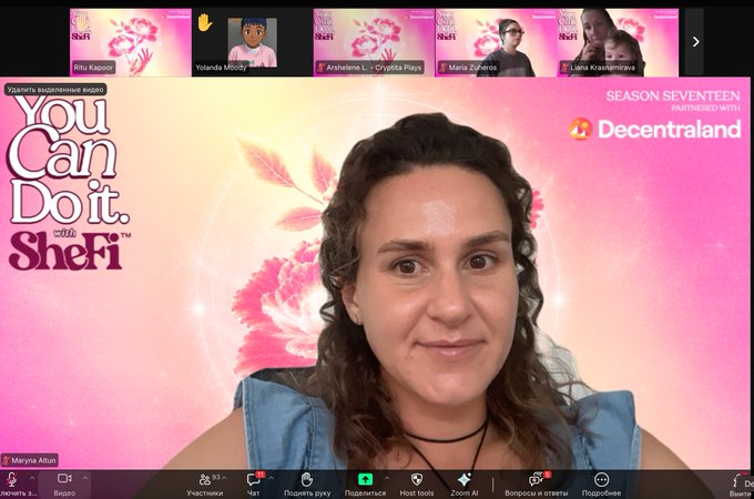 A Zoom-style video call screenshot showing a woman in front of a pink 'You Can Do It with SheFi' background, with other participants including Ritu Kapoor, Yolanda Mboya, Anshiene L, Maria Zufarova, and Labia Krasamatova visible in smaller windows; the banner reads 'SEASON SEVENTEEN PARTNERED WITH Decentraland.'