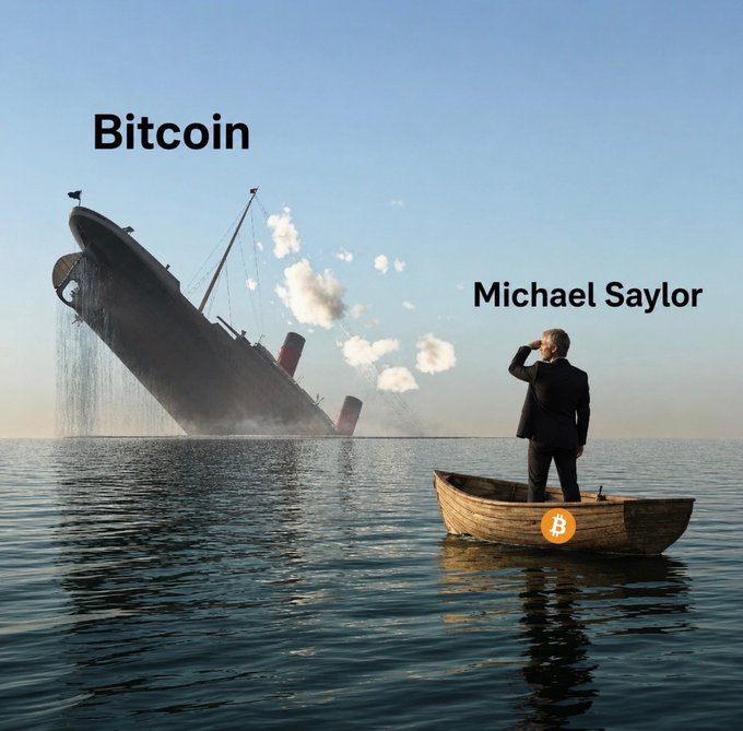 A meme depicting a large ship sinking with the word 'Bitcoin' above it, while a small figure in a boat labeled with the Bitcoin logo watches, labeled 'Michael Saylor'.