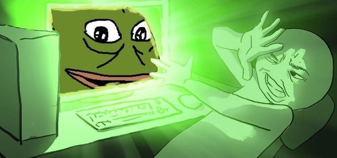 A cartoon animation depicting a creepy green Pepe the Frog face on a computer monitor laughing at a sleeping person bathed in green light.