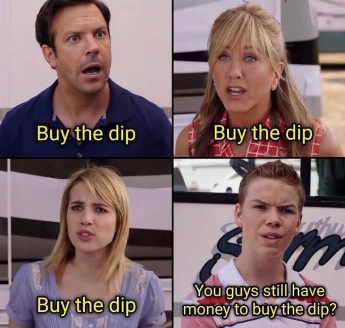 The image shows a man and woman sitting next to each other, with one of them looking at the camera while the other looks away from the camera. The text "buy the dip" appears multiple times in different parts of the image, suggesting that they are discussing or talking about buying something related to the dip.