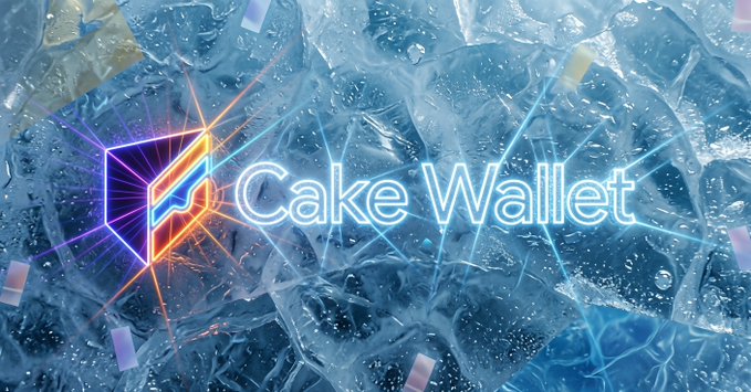 A 'Cake Wallet' logo with neon-style text displayed over a background of blue ice or crystals.
