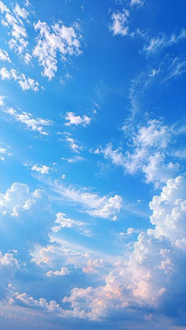 A bright blue sky filled with scattered white clouds and sun rays.