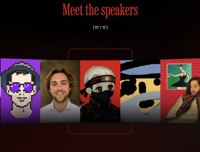 A 'Meet the speakers' slide showing [07/12] with five speaker portraits, including a pixelated figure with purple glasses, a smiling man, an anime-style ninja character, an abstract face, and a man in a vest next to an artwork.