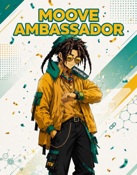 An anime-style illustration of a character with braids and sunglasses wearing a yellow jacket, labeled "MOOVE AMBASSADOR" with "SHAKIBUR" written on the character.