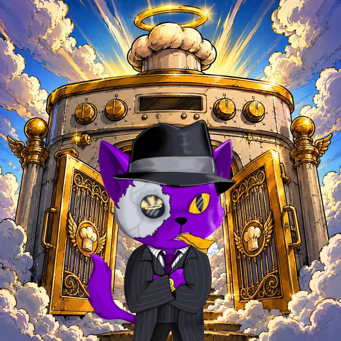 An anime-style purple and white cat in a pinstripe suit and fedora stands before an ornate golden gateway topped with a chef's hat and halo, set among clouds.