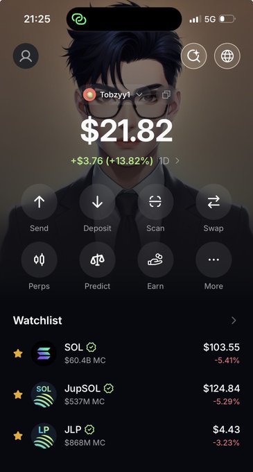 A screenshot of a cryptocurrency app showing a portfolio balance of $21.82 (up +$3.76, +13.82%), with a watchlist displaying SOL at $103.55, JupSOL at $124.84, and JLP at $4.43, all down in percentage.