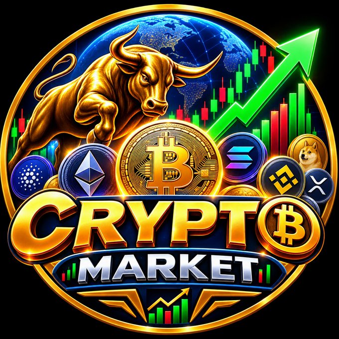 A colorful digital illustration of a golden bull, a green upward arrow, various cryptocurrency coins, and the text 'CRYPTO MARKET'.