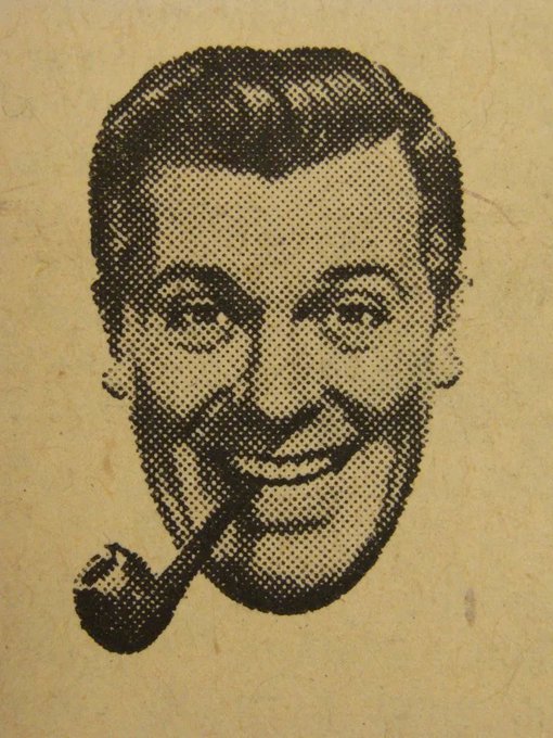 A vintage halftone newspaper illustration of a smiling man's face with a pipe in his mouth, printed on aged yellowed paper.