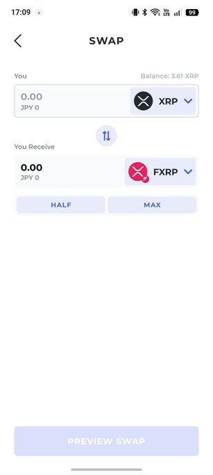 The image shows a swap interface for converting XRP to FXRP on the Bifrost app, displaying a balance of 3.61 XRP with options to swap half or the maximum amount, and a "PREVIEW SWAP" button at the bottom. This visually illustrates the user-friendly swap screen mentioned in the post as a recommended method for minting FXRP without needing to connect to an external site.